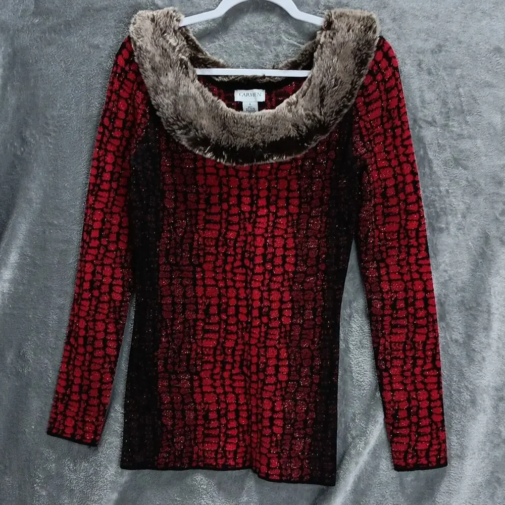 Carmen Marc Valvo Sweater w/ Faux Fur Collar Red‎ & Black Women's Size Small